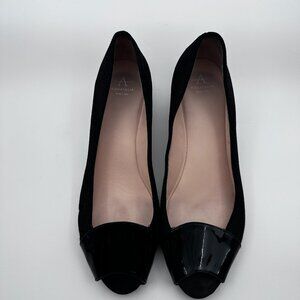 Aquatalia‎ Black Fabric Wedge Heel Flats patent Leather Peep Toe Womens Sz 9